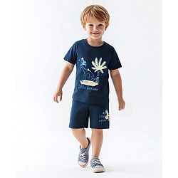 Bonfino 100% Cotton Knit Half Sleeve T-Shirt & Shorts Set with Bird & Animal Print - Navy Blue