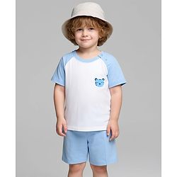 Bonfino 100% Cotton Knit Raglan Half Sleeves Shorts Night Suit With Tiger Print - Light Blue & White