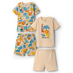 Bonfino 100% Cotton Knit Half Sleeves Shorts Night Suits with Safari Theme Print Pack of 2 - Offwhite