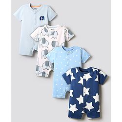 Bonfino Cotton Knit Half Sleeves Front Open Star & Animal Printed Rompers Pack Of 4 - Light Blue & Navy Blue