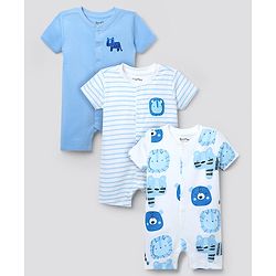 Bonfino 100% Cotton Knit Half Sleeves Front Open Animals Printed Rompers Pack Of 3 - White & Blue