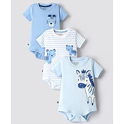 Bonfino 100% Cotton Half Sleeves Onesies With Animal Print Pack Of 3 - Light Blue White & Blue