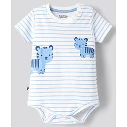 Bonfino 100% Cotton Half Sleeves Onesies With Animal Print Pack Of 3 - Light Blue White & Blue