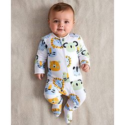 Bonfino 100% Cotton Knit Full Sleeves Sleepsuit with Cub Print - White
