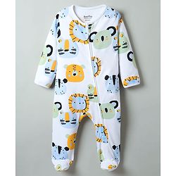 Bonfino 100% Cotton Knit Full Sleeves Sleepsuit with Cub Print - White
