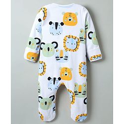 Bonfino 100% Cotton Knit Full Sleeves Sleepsuit with Cub Print - White