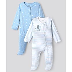 Bonfino 100% Cotton Knit Full Sleeves Footed Striped Sleep Suits with Star & Elephant Print Pack of 2 - White & Light Blue