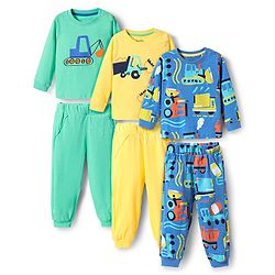Bonfino 100% Cotton Knit Full Sleeves Co-Ord Night Suit with Vehicle Print Pack Of 3 - Blue Yellow & Light Green