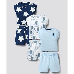 Bonfino 100% Cotton Knit Half Sleeves Star & Elephant Printed Shorts Co-Ord Night Suits Pack of 3 - White & Blue
