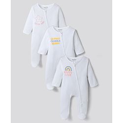 Bonfino 100% Cotton Knit Full Sleeves Sleepsuit With Text Embriodery Pack Of 3 - White