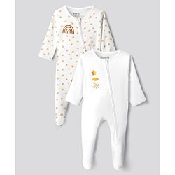 Bonfino Cotton Knit Full Sleeves Footed Sleepsuits With Star Print Pack Of 2 - White