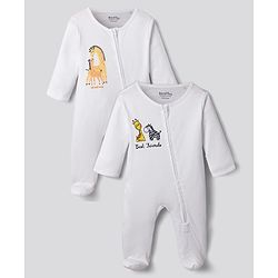 Bonfino 100% Cotton Knit Full Sleeves Sleepsuit With Animal Print Pack Of 2 - White