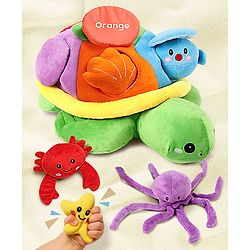 Bonfino Turtle Stuffed Animals Baby Activity Soft Toys 6 PCS | Crinkle and Rattle Sound Green - Height 17 cm