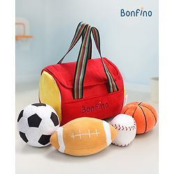 Bonfino 17 cm My First Sport Bag 4 Pcs Ball | Baseball, Basketball, Soccer Ball and Football | Rattle and Crinkle Sound Red