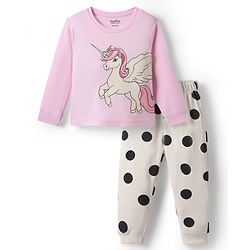 Bonfino Cotton Knit Full Sleeves Night Suit With Unicorn Print - Pink