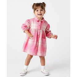 Bonfino 100% Cotton Flannel Fabric Full Sleeves Oversized Collared Frock with Checks - Pink