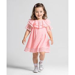 Bonfino Woven Half Sleeves Swiss Dobby Frock With Scallop Lace Detail Collar - Pink