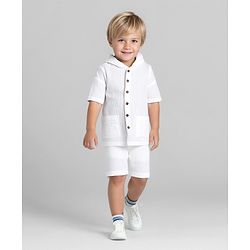 Bonfino 100% Cotton Woven Double Gauze Half Drop Shoulder Sleeve Oversized Hooded Shirt & Short Set - White