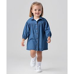 Bonfino 100% Cotton Woven Full Drop Shoulder Sleeves Oversized Denim Shirt Dress - Blue