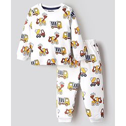 Bonfino 100% Cotton Knit Full Sleeves Co-ords Night Suit with Vehicle Print - White