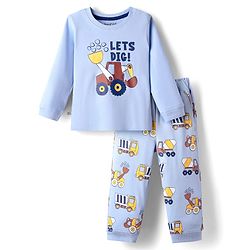 Bonfino 100% Cotton Knit Full Sleeves Night Suit with Vehicle Print - Light Blue