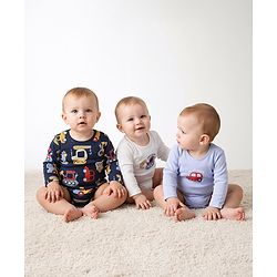Bonfino 100% Cotton Full Sleeves Vehicles Printed Onesies Pack Of 3 - Navy Blue White & Light Blue