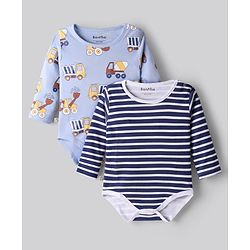 Bonfino 100% Cotton Full Sleeves Stripes & Vehicles Printed Onesies Pack Of 2 - Navy Blue & Light Blue