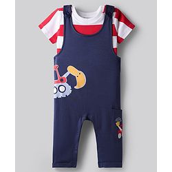 Bonfino 100% Cotton Half Sleeves Vehicles Printed Dungaree With Striped T-Shirt - Navy Blue