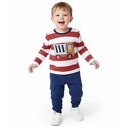 Bonfino Cotton Knit Drop Shoulder Oversized Full Sleeves T-Shirt & Cargo Jogger Set With Vehicle Print & Stripes - Red & Blue