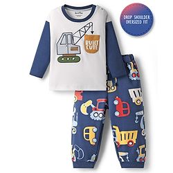 Bonfino 100% Cotton Knit Full Sleeves Drop Shoulder Oversized T-Shirt & Lounge Pant Set with Vehicle Print & Patch Detailing - Navy Blue
