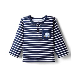 Bonfino 100% Cotton Knit Full Sleeve Henley Neck Striped T-Shirt with Pocket & Car Print - White & Navy Blue