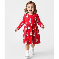 Bonfino 100% Cotton Full Sleeves Dress With Santa Print - Red