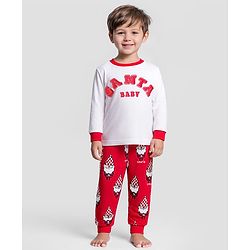Bonfino 100% Cotton Knit Full Sleeves Night Suit With Santa Print - Ivory & Red
