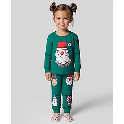 Bonfino 100% Cotton Knit Full Sleeves Night Suit With Santa Print - Green