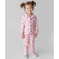 Bonfino 100% Cotton Knit Full Sleeves Co-ords Night Suit With Checks - Pink