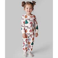 Bonfino 100% Cotton Knit Full Sleeves Co-ords Night Suit With Santa Print - White