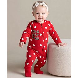 Bonfino 100% Cotton Knit Full Sleeves Sleepsuit With Polka Dots Print - Red