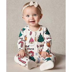 Bonfino 100% Cotton Knit Full Sleeves Sleepsuit With Santa Print - Ivory