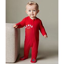 Bonfino 100% Cotton Knit Full Sleeves Sleepsuit With Santa Print - Red