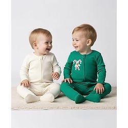 Bonfino 100% Cotton Full Sleeves Footed Sleep Suits With Christmas Theme Print Pack Of 2 - Green & Ivory