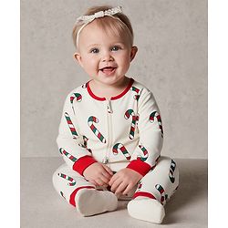 Bonfino 100% Cotton Knit Full Sleeves Sleepsuit With Stick Print - Ivory