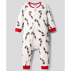 Bonfino 100% Cotton Knit Full Sleeves Sleepsuit With Stick Print - Ivory