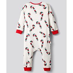 Bonfino 100% Cotton Knit Full Sleeves Sleepsuit With Stick Print - Ivory