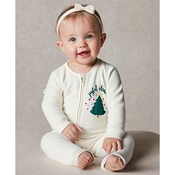 Bonfino 100% Cotton Full Sleeves Sleep Suits With Christmas Tree Print - Ivory
