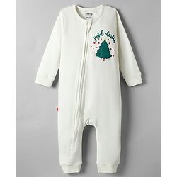 Bonfino 100% Cotton Full Sleeves Sleep Suits With Christmas Tree Print - Ivory