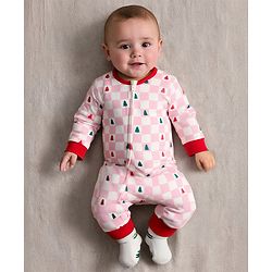 Bonfino 100% Cotton Knit Full Sleeves Sleepsuit With Checks Print - Pink