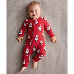 Bonfino 100% Cotton Knit Full Sleeves Sleepsuit With Santa Print - Red