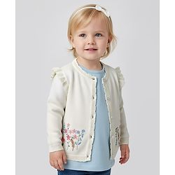 Bonfino 100% Cotton Knit Full Sleeve Front Open Sweater with Floral Embroidery - White