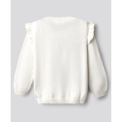 Bonfino 100% Cotton Knit Full Sleeve Front Open Sweater with Floral Embroidery - White