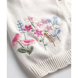 Bonfino 100% Cotton Knit Full Sleeve Front Open Sweater with Floral Embroidery - White